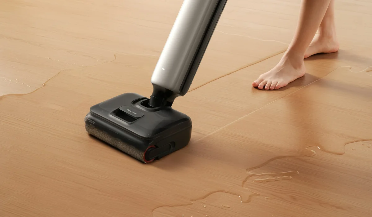 Wet dry floor cleaner picking up a water spill from a hard floor