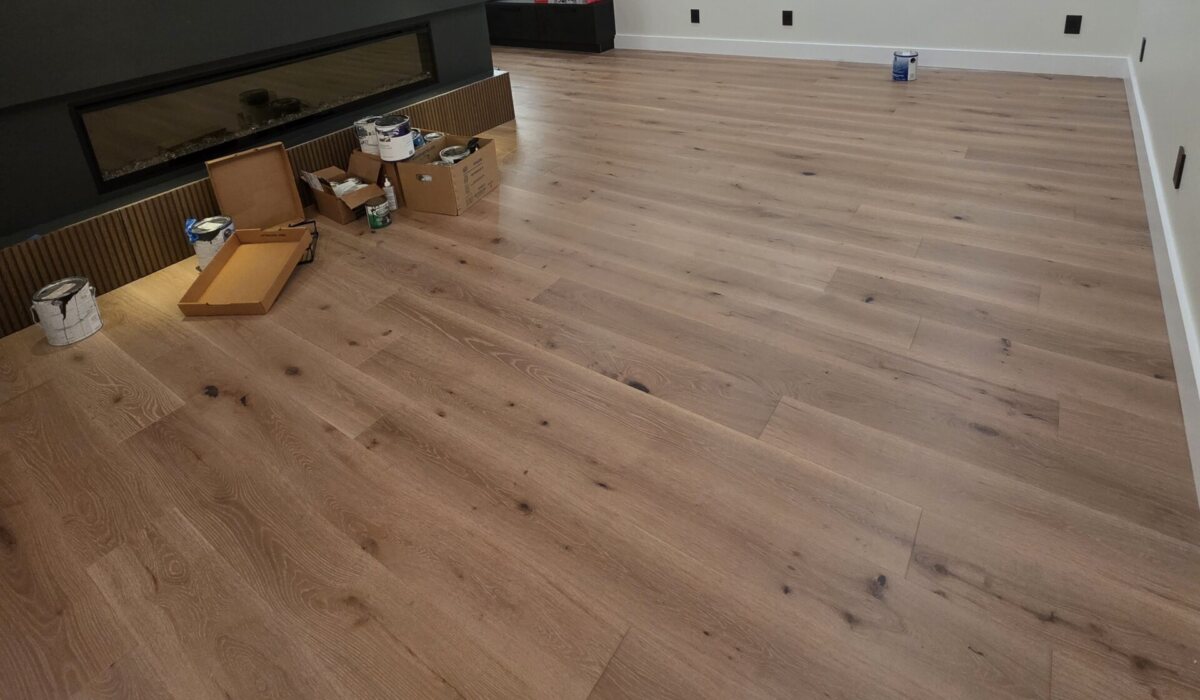 Light wide-plank floor in a finished lower-level family room